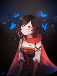 Rule 34 | 1girl, black background, black hair, blue butterfly, breasts, bug, butterfly, cape, cleavage, corset, ecru, image sample, bug, multicolored hair, red hair, ruby rose, rwby, short hair, grey eyes, small breasts, twitter sample