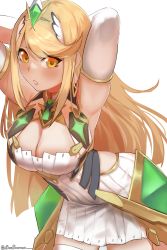 Rule 34 | 1girl, abigbrother, armpits, arms behind head, blonde hair, breasts, dress, gem, hair ornament, highres, jewelry, large breasts, leaning forward, legs, long hair, looking at viewer, mythra (xenoblade), nintendo, solo, thighs, tiara, xenoblade chronicles (series), xenoblade chronicles 2, yellow eyes