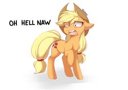 Rule 34 | 1girl, applejack, character name, cowboy hat, english text, hat, highres, long hair, looking at viewer, my little pony, my little pony: friendship is magic, open mouth, pony (animal), simple background, solo, teeth, teranen, white background