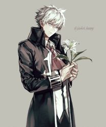 Rule 34 | 1boy, blue eyes, charles-henri sanson (fate), closed mouth, coat, collared shirt, fate/grand order, fate (series), flower, hair between eyes, highres, holding, jacket, koshika rina, lily (flower), long sleeves, looking at viewer, male focus, necktie, shirt, short hair, smile, solo, white hair