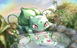 Rule 34 | :d, blurry, bright pupils, bulbasaur, commentary request, creatures (company), day, depth of field, fang, game freak, gen 1 pokemon, looking down, nintendo, no humans, open mouth, outdoors, plant, pokemon, pokemon (creature), rainbow, red eyes, reflection, ripples, sanomi pori, signature, smile, solo, vines, water, watermark, white pupils