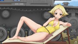 Rule 34 | 1girl, absurdres, blonde hair, blush, breasts, brown eyes, cameltoe, cleavage, collarbone, covered navel, dated, erwin (girls und panzer), eyebrows hidden by hair, girls und panzer, highres, large breasts, looking at viewer, lying, military, military vehicle, motor vehicle, on side, one-piece swimsuit, outdoors, shiny skin, short hair, sky, smile, solo, swimsuit, tank, yellow one-piece swimsuit