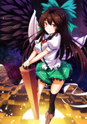 Rule 34 | 1girl, absurdres, ahoge, arm cannon, bandaged leg, bandages, barefoot, bird wings, black thighhighs, black wings, blouse, boots, bow, breasts, brown footwear, brown hair, cape, cross-laced footwear, feathered wings, frilled skirt, frills, green skirt, hair bow, hair ribbon, highres, koissa, large breasts, long hair, looking at viewer, miniskirt, own hands together, planted, puffy short sleeves, puffy sleeves, radiation symbol, red eyes, reiuji utsuho, ribbon, shirt, shoes, short sleeves, single boot, single shoe, single thighhigh, skirt, smile, solo, space, thighhighs, thighs, third eye, touhou, weapon, white shirt, wings, zettai ryouiki