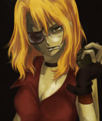 Rule 34 | 00s, 1girl, baccano!, bad id, bad pixiv id, bare shoulders, blonde hair, breasts, choker, cleavage, explosive, eyepatch, female focus, ginnan, glasses, grenade, large breasts, mouth hold, nice holystone, solo, yellow eyes