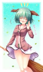 Rule 34 | 1girl, :d, ^ ^, animal ears, bamboo broom, breasts, broom, closed eyes, collarbone, commentary request, closed eyes, green hair, happy, highres, kasodani kyouko, leaf, medium breasts, miniskirt, open mouth, osashin (osada), short hair, skirt, smile, solo, thigh gap, thighs, touhou, white skirt, wind, wind lift, |d
