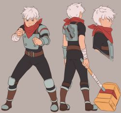 Rule 34 | 1boy, armor, bastion, belt, boots, bracer, brown eyes, commentary, fighting stance, full body, hammer, knee pads, looking at viewer, male focus, mefomefo, multiple views, neckerchief, profile, short hair, simple background, the kid (bastion), white hair