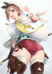 Rule 34 | 1girl, :d, ass, atelier (series), atelier ryza, atelier ryza 1, brown eyes, brown gloves, brown hair, brown thighhighs, from behind, gloves, gradient background, grey background, haowei wu, highres, jewelry, looking at viewer, necklace, open mouth, red shorts, reisalin stout, short hair, short shorts, shorts, single glove, smile, solo, star (symbol), teeth, thighhighs, thighs, upper body, white headwear, white thighhighs