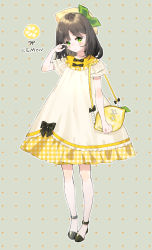 Rule 34 | 1girl, ankle strap, bag, beige background, black bow, black footwear, black hair, bow, bowtie, clenched hand, crying, dress, food, food themed bag, frilled dress, frilled sleeves, frills, fruit, full body, green bow, green eyes, hat, hat bow, highres, lemon, lolita fashion, long hair, original, outline, plaid, polka dot, shoes, short sleeves, shoulder bag, solo, standing, tears, white outline, wiping tears, yellow dress, yellow hat, yuzhi