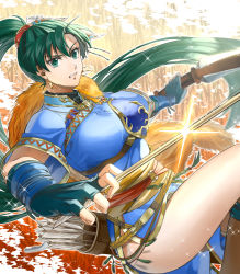Rule 34 | 1girl, arrow (projectile), blurry, bow (weapon), clenched teeth, delsaber, depth of field, earrings, fingerless gloves, fire emblem, fire emblem: the blazing blade, fire emblem heroes, fur trim, gloves, green eyes, green hair, highres, jewelry, long hair, looking at viewer, lyn (fire emblem), necklace, nintendo, ponytail, quiver, rope belt, solo, teeth, thighs, weapon