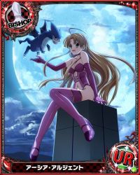 Rule 34 | 10s, 1girl, :d, asia argento, babydoll, bare shoulders, bishop (chess), blonde hair, card (medium), chess piece, choker, dragon, elbow gloves, full moon, gloves, green eyes, high heels, high school dxd, long hair, long legs, moon, navel, official art, open mouth, purple thighhighs, smile, solo, thighhighs, thong, torn clothes, torn thighhighs, trading card, very long hair