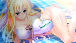 Rule 34 | 1girl, amasaka takashi, barefoot, beach towel, blonde hair, blush, bow, braid, breasts, covered navel, covered erect nipples, game cg, green eyes, hair between eyes, hair bow, hand on own hip, large breasts, long hair, lying, on side, one-piece swimsuit, seductive smile, skindentation, smile, solo, swimsuit, towel, unionism quartet, very long hair, yurifina sol ereanoruto