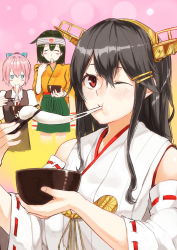 Rule 34 | 10s, 3girls, blush, blush stickers, commentary request, eating, gradient background, haruna (kancolle), hiryuu (kancolle), kantai collection, long hair, looking at viewer, multiple girls, one eye closed, pink hair, poco (backboa), red eyes, shiranui (kancolle), short hair