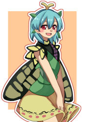 Rule 34 | 1girl, antennae, aqua hair, blush, border, butterfly wings, cowboy shot, dress, eternity larva, fairy, green dress, hair between eyes, insect wings, leaf, leaf on head, multicolored clothes, multicolored dress, open mouth, red eyes, renshirenji, short hair, short sleeves, single strap, smile, solo, touhou, white border, wings