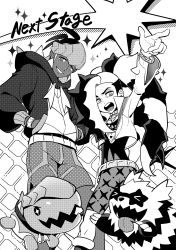 Rule 34 | &gt; &lt;, 2boys, absurdres, arm up, cosplay, creatures (company), dark-skinned male, dark skin, dede (qwea 00000), dynamax band, english text, fangs, galarian form, galarian zigzagoon, game freak, gen 3 pokemon, gen 8 pokemon, greyscale, hands in pockets, highres, korean commentary, looking at viewer, monochrome, multiple boys, nintendo, open mouth, pendant choker, piers (pokemon), pokemon, pokemon (creature), pokemon swsh, raihan (pokemon), raihan (pokemon) (cosplay), smile, sparkle, teeth, tongue, tongue out, trapinch
