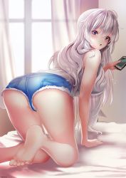 Rule 34 | 1girl, all fours, ass, azur lane, bare shoulders, barefoot, blush, breasts, cellphone, cutoffs, denim, denim shorts, effort star, enterprise (azur lane), artistic error, feet, highres, holding, holding phone, indoors, large breasts, long hair, looking at viewer, looking back, on bed, phone, purple eyes, revision, shirt, short shorts, shorts, silver hair, sleeveless, sleeveless shirt, smartphone, soles, solo, thighs, toes, very long hair