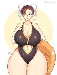 Rule 34 | 1girl, absurdres, bare shoulders, black one-piece swimsuit, breasts, brown eyes, brown hair, capcom, chun-li, cleavage, closed mouth, clothing cutout, collarbone, cowboy shot, double bun, hair bun, highres, huge breasts, looking at viewer, matching hair/eyes, navel, navel cutout, one-piece swimsuit, shiny skin, simple background, smile, solo, standing, startop, street fighter, swimsuit, white background