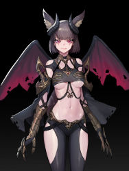 Rule 34 | 1girl, absurdres, animal ear fluff, animal ears, armor, black background, black pants, black shirt, breasts, brown hair, claws, clothing cutout, commentary, cowboy shot, crop top, demon wings, facial mark, gauntlets, highres, horns, looking at viewer, mac star, medium breasts, navel, original, pants, parted lips, red eyes, revealing clothes, shirt, short hair, shoulder armor, simple background, solo, stomach, thigh cutout, torn wings, underboob, wings