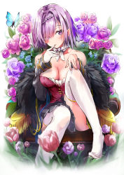 Rule 34 | 1girl, absurdres, azur lane, bare shoulders, blush, braid, breasts, bug, butterfly, chair, cleavage, crown braid, finger to mouth, flower, gloves, hair ornament, hair over one eye, highres, insect, light purple hair, looking at viewer, medium breasts, mugi no hikyaku, penelope (azur lane), purple eyes, short hair, single braid, sitting, skirt, solo, thighhighs, unworn gloves, white gloves, white thighhighs