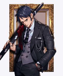Rule 34 | 1boy, alternate costume, black hair, black jacket, black necktie, black pants, breast pocket, buttons, chain, closed mouth, collared shirt, commentary request, cowboy shot, double-breasted, earrings, facial hair, fingernails, formal, goatee, hand in pocket, hand tattoo, highres, holding, holding sword, holding weapon, jacket, jewelry, lapel pin, lapels, long sideburns, long sleeves, male focus, multiple earrings, necktie, one piece, over shoulder, pants, picture frame, pocket, sheath, sheathed, shirt, short hair, sideburns, solo, suit, sword, sword over shoulder, tattoo, tie clip, trafalgar law, waistcoat, watch, weapon, weapon over shoulder, white shirt, wristwatch, yellow eyes, yonekura naoyasu