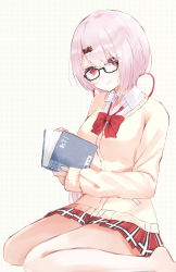 Rule 34 | 1girl, absurdres, akagikou, bespectacled, blush, book, commentary request, glasses, hair ornament, hairclip, highres, long hair, looking at viewer, nijisanji, pink hair, ponytail, reading, red eyes, ribbon, school uniform, seiza, shiina yuika, shiina yuika (1st costume), simple background, sitting, solo, virtual youtuber