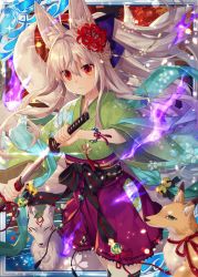 Rule 34 | animal ears, breasts, closed mouth, collaboration, company name, expressionless, falkyrie no monshou, fox ears, fox girl, fox tail, holding, holding sheath, holding sword, holding weapon, japanese clothes, kimono, large breasts, long hair, looking at viewer, natsumekinoko, official art, orange eyes, sheath, shinkai no valkyrie, silver hair, solo, sword, tail, unsheathing, very long hair, weapon