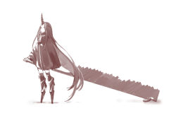 Rule 34 | 1girl, absurdly long hair, chain, cloak, closed mouth, fangs, highres, holding, holding sword, holding weapon, horns, huge weapon, long hair, monochrome, original, oversized zipper, sharp teeth, shisantian, simple background, single horn, solo, standing, sword, teeth, very long hair, weapon, white background, zipper, zipper pull tab