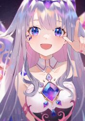 Rule 34 | 1girl, :d, bare shoulders, blue eyes, blurry, blurry background, breasts, collarbone, commentary request, crystal wings, darkzmonsty, depth of field, detached wings, dress, grey hair, hand up, highres, hololive, hololive english, index finger raised, koseki bijou, koseki bijou (1st costume), long hair, multicolored hair, nail polish, open mouth, pink hair, pink nails, small breasts, smile, solo, strapless, strapless dress, two-tone hair, upper body, very long hair, virtual youtuber, white dress, wings
