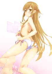 Rule 34 | 10s, 1girl, absurdres, ameyoshi, ass, asuna (sao), barefoot, blush, breasts, brown eyes, brown hair, feet, highres, holographic interface, long legs, panties, panties only, smile, soles, solo, sword art online, thighs, topless, underwear, underwear only, white panties