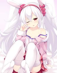 Rule 34 | 1girl, animal ears, arm support, azur lane, bare shoulders, collarbone, commentary request, hair between eyes, hair ornament, hair scrunchie, hairband, head tilt, jacket, laffey (azur lane), long hair, long sleeves, looking at viewer, maccha, no shoes, off shoulder, one eye closed, parted lips, pink jacket, pleated skirt, rabbit ears, red eyes, red hairband, red scrunchie, red skirt, rubbing eyes, scrunchie, sitting, skirt, solo, strapless, thighhighs, very long hair, white hair, white thighhighs
