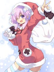 Rule 34 | 10s, 1girl, ass, blush, christmas, d-pad, female focus, gloves, hair ornament, hat, highres, neptune (neptunia), neptune (series), normaland, one eye closed, purple eyes, purple hair, sack, santa costume, santa hat, short hair, smile, solo, striped clothes, striped thighhighs, thighhighs, v