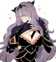 Rule 34 | 1girl, armor, breasts, camilla (fire emblem), cleavage, cleavage cutout, clothing cutout, fire emblem, fire emblem fates, gloves, hair ornament, hair over one eye, highres, hyoon (sockgyu), large breasts, long hair, looking at viewer, nintendo, purple hair, simple background, smile, solo, solo focus, tiara, white background