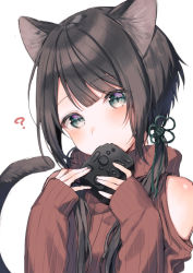 Rule 34 | 1girl, ?, animal ear fluff, animal ears, bare shoulders, black hair, blush, brown sweater, cat ears, cat girl, cat tail, clothing cutout, commentary request, fang, green eyes, hair over shoulder, hands up, head tilt, holding, long hair, long sleeves, low twintails, midorikawa you, original, ribbed sweater, shoulder cutout, simple background, sleeves past wrists, solo, sweater, tail, tail raised, turtleneck, turtleneck sweater, twintails, upper body, very long hair, white background
