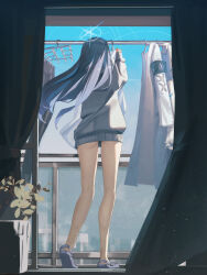 1girl absurdres ass blue_archive blue_hair blue_halo casual coat dark_blue_hair from_behind grey_sweater halo highres laundry laundry_pole long_sleeves saori_(blue_archive) solo susukawa_(susucawa) sweater white_coat