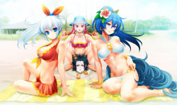 Rule 34 | 3girls, abs, arm support, bandeau, beach, bikini, bikini skirt, borrowed character, bow, bracelet, breasts, buried, character request, cleavage, crab, earrings, flower, frilled bikini, frills, front-tie top, hair bow, hair flower, hair ornament, hat, hibiscus, highres, jewelry, large breasts, long hair, multiple girls, o-ring, o-ring bottom, o-ring top, original, pointy ears, ponytail, pop&#039;n music, smile, strap gap, swimsuit, towel, ujuju, underboob, very long hair