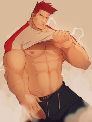 Rule 34 | 1boy, alternate costume, bara, blue pants, boku no hero academia, bulge, chest hair, clothes pull, cowboy shot, endeavor (boku no hero academia), facial hair, head tilt, highres, large pectorals, looking at viewer, male focus, male underwear, mature male, muscular, muscular male, navel, navel hair, pants, pants pull, pectorals, pulled by self, red hair, red male underwear, scar, scar across eye, scar on face, shirt, short hair, sideburns, solo, spiked hair, steam, stormcallart, stubble, white shirt