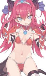 Rule 34 | 1girl, :d, armor, bikini, bikini armor, black gloves, black thighhighs, blade (galaxist), blue eyes, blue ribbon, blush, breasts, choker, commentary request, cowboy shot, curled horns, dragon horns, dragon tail, earrings, elbow gloves, elizabeth bathory (brave) (fate), elizabeth bathory (fate), fang, fate/grand order, fate (series), gloves, hair between eyes, hair ribbon, head tilt, holding, holding hair, horns, jewelry, long hair, looking at viewer, navel, open mouth, oversized clothes, pauldrons, pink hair, pointy ears, red armor, red bikini, red choker, ribbon, shoulder armor, simple background, small breasts, smile, solo, string bikini, swimsuit, tail, thighhighs, tiara, two side up, v-shaped eyebrows, vambraces, very long hair, white background