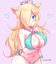 Rule 34 | 1girl, animal ear fluff, animal ears, artist name, bare shoulders, bikini, blonde hair, breast hold, breasts, breasts squeezed together, cleavage, commentary, cowboy shot, crown, english commentary, extra ears, hair over one eye, heart, large breasts, long hair, looking at viewer, mario (series), midriff, navel, nintendo, pink background, rosalina, shiny skin, simple background, solo, string bikini, sugarbell, super mario galaxy, swimsuit, thighs
