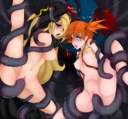 Rule 34 | 2girls, ahegao, bestiality, blonde hair, breasts, clitoris, covered erect nipples, creatures (company), cynthia (pokemon), double vaginal, english text, fucked silly, game freak, gen 1 pokemon, green eyes, large insertion, long hair, misty (pokemon), multiple girls, multiple vaginal, nintendo, nipples, nude, orange hair, pokemon, pokemon (anime), pokemon champion, pokemon dppt, ponytail, rape, red eyes, saliva, saliva trail, sex, slime, slime (substance), slugbox, stomach bulge, tentacles, tentacruel, tongue, uncensored, vaginal