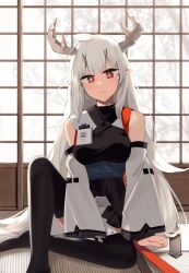 Rule 34 | 1girl, absurdres, arknights, black dress, black thighhighs, breasts, closed mouth, commentary, dress, highres, hinami047, horns, id card, long hair, looking at viewer, matoimaru (arknights), medium breasts, on floor, pointy ears, red eyes, sitting, smile, solo, strapless, strapless dress, thighhighs, white hair, wide sleeves