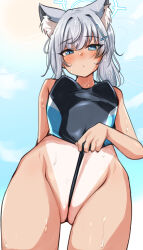 Rule 34 | 1girl, animal ear fluff, animal ears, black one-piece swimsuit, blue archive, blue eyes, blue sky, blush, breasts, cleft of venus, clothes pull, covered navel, cowboy shot, cross hair ornament, day, from below, grey hair, hair ornament, halo, highres, looking down, machismo fuji, medium breasts, mismatched pupils, one-piece swimsuit, one-piece swimsuit pull, one-piece tan, partially visible vulva, shiroko (blue archive), shiroko (swimsuit) (blue archive), sky, solo, swimsuit, tan, tanline, wolf ears