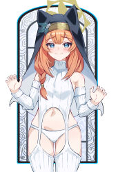 Rule 34 | 1girl, absurdres, alternate costume, blue archive, blue eyes, blush, braid, breasts, closed mouth, detached sleeves, embarrassed, garter straps, halo, highres, long hair, looking at viewer, mari (blue archive), medium breasts, meme attire, nak, navel, nun, orange hair, panties, ribbed sleeves, ribbed sweater, ribbed thighhighs, single braid, solo, sweater, tears, thighhighs, turtleneck, underwear, virgin destroyer sweater, white garter straps, white panties, white sleeves, white sweater, white thighhighs, yellow halo