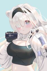 Rule 34 | 1girl, absurdres, animal ears, arknights, aurora (arknights), aurora (elite ii) (arknights), bear ears, black gloves, black hairband, black shirt, blue background, blue eyes, blush, breasts, commentary request, crop top, gloves, hair over one eye, hairband, hand up, head tilt, highres, holding, large breasts, long hair, looking at viewer, midriff, navel, shaxiao, shirt, shrug (clothing), smile, solo, stomach, upper body, very long hair, white hair