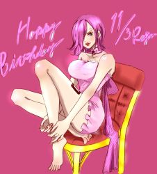 Rule 34 | 1girl, aqua eyes, bare arms, bare shoulders, blue eyes, breasts, chair, feet, female focus, hair over one eye, large breasts, legs, lipstick, makeup, on chair, one piece, pink hair, red lips, short hair, sitting, solo, tattoo, thighs, vinsmoke family, vinsmoke reiju