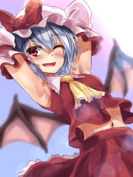 Rule 34 | 1girl, :d, armpits, arms behind head, arms up, ascot, bat wings, blue hair, blurry, blurry background, blush, bokeh, bow, breasts, cosplay, depth of field, detached sleeves, fang, hakurei reimu, hakurei reimu (cosplay), hat, kaeranu kaeru, light rays, mob cap, navel, one eye closed, open mouth, petticoat, red bow, red eyes, red skirt, remilia scarlet, short hair, skirt, sky, small breasts, smile, standing, sunbeam, sunlight, touhou, upper body, wings