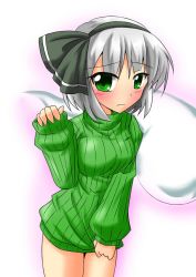 Rule 34 | 1girl, arm up, aura, blush, bottomless, bow, breasts, clothes pull, female focus, green eyes, hair bow, konpaku youmu, konpaku youmu (ghost), looking at viewer, naked sweater, no pants, ribbed sweater, rody, rody (hayama yuu), shirt tug, short hair, simple background, sleeves past wrists, solo, sweater, sweater pull, touhou, turtleneck, white background, white hair