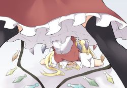 Rule 34 | 1girl, black thighhighs, blonde hair, crystal, flandre scarlet, from behind, hands on ground, highres, jack-o&#039; challenge, legs, multicolored wings, red eyes, red skirt, red vest, rushigi0, shirt, side ponytail, simple background, skirt, spread legs, thighhighs, top-down bottom-up, touhou, upskirt, vampire, vest, view between legs, white shirt, wings