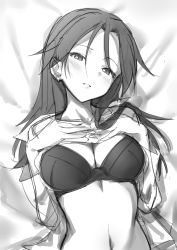Rule 34 | 1girl, absurdres, black bra, blush, bra, breasts, cleavage, dutch angle, fankupl, greyscale, hands on own chest, highres, long hair, looking at viewer, medium breasts, minna-dietlinde wilcke, monochrome, navel, open clothes, parted lips, sketch, solo, strike witches, underwear, world witches series