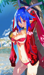 Rule 34 | 1girl, absurdres, bare legs, beach, bikini, blue sky, blush, breasts, cleavage, cloud, cloudy sky, commentary, cowboy shot, day, disgaea, fang, gluteal fold, hair between eyes, highres, hood, hooded jacket, jacket, jacket on shoulders, jewelry, laharl-chan, looking at viewer, makai senki disgaea, medium breasts, midriff, miyakawa106, navel, neck ring, ocean, open clothes, open jacket, open mouth, outdoors, palm tree, pointy ears, red bikini, red eyes, red jacket, short hair, sky, solo, sweat, swimsuit, thighs, tree, underboob