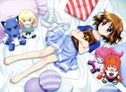 Rule 34 | &gt;:), &gt;:d, 1girl, :d, absurdres, barefoot, bed, book, hugging book, character doll, detexted, dress, fang, feet, hair ornament, highres, holding, holding book, lying, lyrical nanoha, mahou shoujo lyrical nanoha, mahou shoujo lyrical nanoha a&#039;s, mahou shoujo lyrical nanoha the movie 2nd a&#039;s, hugging object, official art, open mouth, pillow, shamal, signum, smile, solo, tamaki shingo, third-party edit, toes, v-shaped eyebrows, vita (nanoha), x hair ornament, yagami hayate, zafira