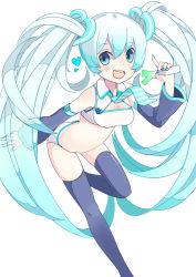 Rule 34 | 1girl, aqua hair, blue eyes, breasts, detached sleeves, female focus, greentanuki, hatsune miku, long hair, necktie, simple background, smile, solo, spring onion, thighhighs, twintails, very long hair, vocaloid, white background